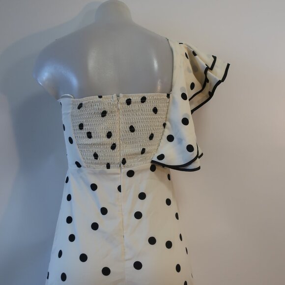 NWT Womens Benaar Natalie Ivory Black Polka Dot One Shoulder Paris Midi Dress S - Picture 11 of 15